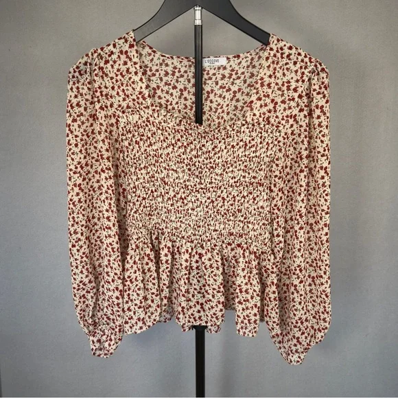 Smocked Square-Neck Blouse in Cream with Red Floral Print - Picture 3 of 10